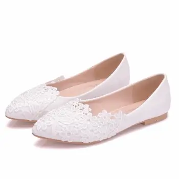 2023 Yaz Moda Bale Daireler Beyaz Dantel Gelin Düğün Ayakkabı Kadınlar için Düşük Topuk Rahat Kadın Elbise Pompaları Tatlı zapatos