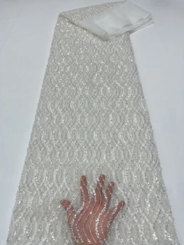 Boncuklu Dantel Kumaş 2023 yüksek kaliteli dantel 5 Metre düğün elbisesi Beyaz Gelin Lüks Afrika Net Nakış Pullu Kumaş