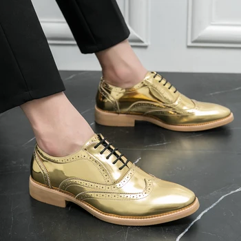 Brock Resmi deri ayakkabı Erkekler için Altın Moda Çok Yönlü Parlak Deri Ofis Ayakkabı Lüks Yüksek Kaliteli düğün elbisesi Ayakkabı
