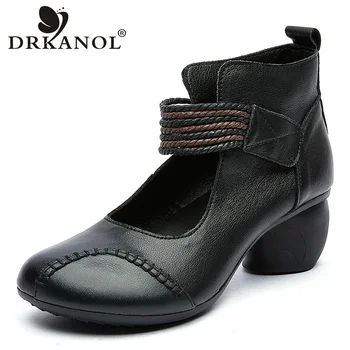 DRKANOL 2023 Kadın Pompaları İlkbahar Yaz Ayakkabı Moda Karışık Renkler Hakiki Deri Yüksek Top Kalın Yüksek Topuk Sığ rahat ayakkabılar