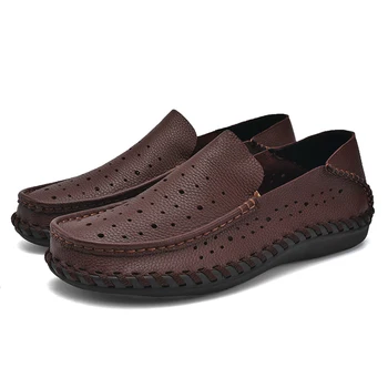 Düz Tasarımcı Erkek Rahat ayakkabı Hakiki Deri Erkek rahat ayakkabılar Oymak Nefes Erkek Loafer'lar Yaz Erkek sürüş ayakkabısı