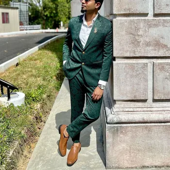 Erkek Takım Elbise Özel 2 Parça Jakarlı Blazer Pantolon Doruğa Yaka Tek Göğüslü Modern Düğün Slim Fit Custom Made Artı Boyutu
