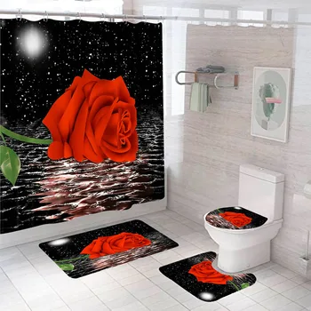 Gül Çiçek Duş perde seti Kaymaz Halılar Banyo Paspas Tuvalet kapak ve Kancalar Su Geçirmez Polyester Banyo Ev Dekor