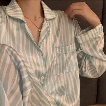 Kadın Saten Pijama Çizgili Pantolon Takım Elbise Yaz Odası Giyim Uzun Kollu giyim setleri Tiki Tarzı Pijama Pijama