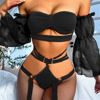 Kadınlar için açık omuzlu Sarılmış Göğüs iç çamaşırı seti Siyah Dantel Puf Kollu Jartiyer Erotik sütyen ve külot Seti İç Çamaşırı Kostüm Yeni