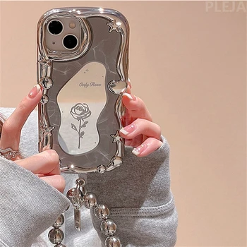 Kaplama Ayna Gümüş Gül Çiçek Telefon Askısı Kılıfı iPhone 14 PromaX 13 12 Pro Max 11 Kılıfları Kadınlar Bilek Asmak Halka Yumuşak Kapak