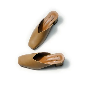 Kare Ayak tıknaz terlik yüksek topuklu deri sandalet mujer retro büyükanne katır ünlü marka kapalı ayak kadın ayakkabı slaytlar