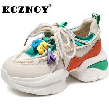 Koznoy 7 cm Hava Mesh Hakiki Deri Yaz Hollow Nefes Kadınlar Renkli Baba Renkli Nefes Tıknaz Sneakers Ayakkabı