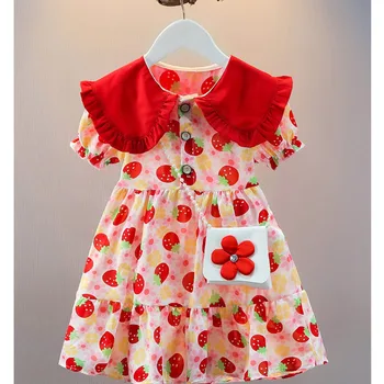 Kızların Şifon Elbise 20233 Yaz Yeni İnce Bebek çocuk oyuncak Bebek Boyun Kısa Kollu Serin Bel Wrap Kore Moda Elbiseler 1-8 yıl