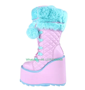 Lady bebek pembe mavi PU platformu tasarım Y2K çizmeler punk mavi tarzı kürk tüy deisgn buzağı çizmeler bohemia yüksekliği üst çizmeler szie