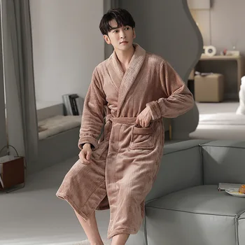 Mercan Polar Pijama Erkekler Kış Sıcak Robe elbise Kemer İle Kalın Gecelik Turn-aşağı Yaka Kimono Bornoz Samimi İç Çamaşırı