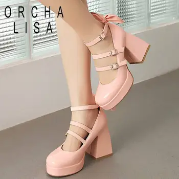 ORCHA LISA Kadın Pompaları Yuvarlak Ayak Ultra Yüksek Topuk 9 cm Platformu Toka Kayış Lolita Tarzı Tatlı Kız Ayakkabı Küçük Boyutu 32 33 Yay
