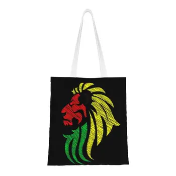 Sevimli Aslan Reggae Bayrak Renkleri alışveriş çantası Yeniden Kullanılabilir Rasta Aslan Tuval Bakkal Alışveriş omuzdan askili çanta