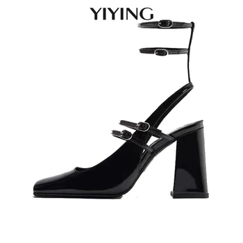 Siyah Rugan Kadın Pompaları Zarif yüksek topuklu sandalet 2023 Mary Jane kadın Sandalet Moda Kare Ayak Kalın topuklu sandalet