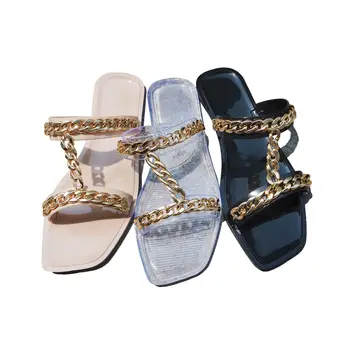 Son tasarım Ayakkabı Sandalet Düz Altın Zincir Süslemeleri Kadınlar Ve Bayanlar İçin kadın Sandalet