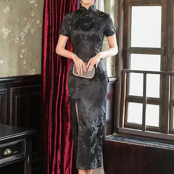 Sıcak!Mandarin Yaka Disk Cheongsam Çin Tarzı Nakış Erik Çiçeği Baskı Bölünmüş Geleneksel Düğün Qipao Kadın Giyim