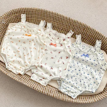 Yaz Yenidoğan Bebek Kız Romper Kolsuz Pamuk Çiçek Baskı Toddler Bebek Kız Tulum 0 - 24M Bebek Kız Giyim