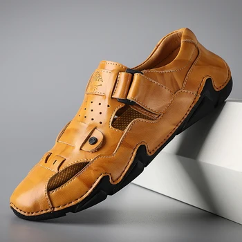 Yüksek Kaliteli El Yapımı Dikiş Hakiki Deri erkek Sandalet Lüks Klasik erkek İnek Deri rahat ayakkabılar sürüş ayakkabısı Erkekler İçin