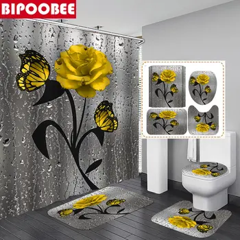 Yüksek Kaliteli Sarı Çiçekler Banyo Perdeleri Setleri Kaymaz Halı Tuvalet kapak Kelebek Duş perde seti Banyo Paspasları Kilim