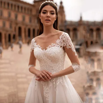 Zarif Yarım Kollu Gelinlik Sevgiliye Aplikler Dantel Bir Çizgi Gelin Elbiseler Tül Düğme Vestidos de novia