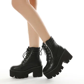 2023 Büyük kadın ayakkabısı Yeni Ön Lace up Kalın Taban bayan botları Gece Kulübü Yan Fermuar Yüksek Topuk kısa çizmeler D-29