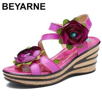 2023 Yeni Vintage Çiçek Rahat Yaz Takozlar Sandalet Hakiki Deri El Yapımı Etnik Tarzı Kadın Ayakkabı