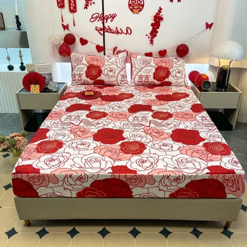 Bonenjoy 1 adet yatak çarşafı Kırmızı Renk Gül Baskılı Çarşaf Kraliçe / Kral Çarşaf Elastik Yüksek Kaliteli Yatak Örtüsü 150