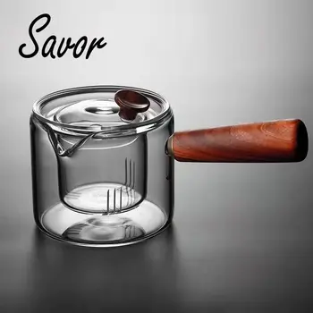 Cam çaydanlık yan kol şeffaf çaydanlık su ısıtıcısı Yüksek Sıcaklığa Dayanıklı Şeffaf Demlik Kapaklı çay difüzörü Kahve Çay için