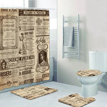 Dekoratif Vintage Fransa Gazete Banyo Duş perde seti Eski Fransız Kız Kadın Duş Perdeleri banyo paspası Halı Su Geçirmez
