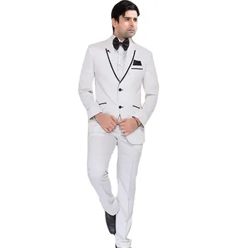Hindistan Tarzı Custom Made Resmi Slim Fit 2 Düğmeler 3 Cepler Damat Smokin Düğün Yemeği Beyaz erkek Giysileri (ceket + Pantolon + Papyon)