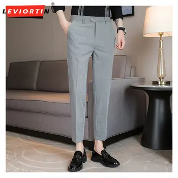 İngiliz Tarzı Yaz İnce Ekose Takım Elbise Pantolon Erkekler İçin Giyim 2023 Ayak Bileği Uzunluğu Slim Fit Rahat Düz Ofis Pantolon Resmi