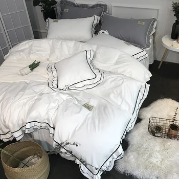 İskandinav saf pamuk pamuk prenses tarzı dört parçalı beyaz nevresim basit 1.8 M Çift Kişilik Yatak etek