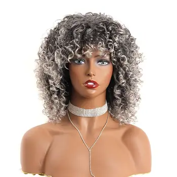 Kabarık Dalgalı Sentetik Afro kıvırcık saç kahküllü peruk Kinky Kıvırcık Peruk Siyah Kadınlar için Ombre Gri Peruk Günlük Kullanım için