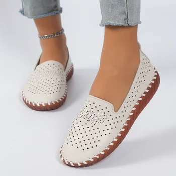 Kadın düz ayakkabı 2023 Yaz Vintage Nefes Hollow Out gündelik kadın ayakkabısı Bayanlar üzerinde Kayma yürüyüş ayakkabısı Kadın Loafer'lar