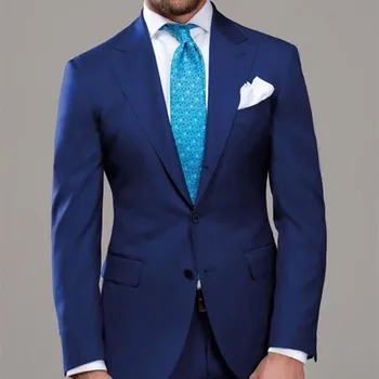 Koyu Mavi Tepe Yaka Erkek Takım Elbise İki Düğme Düğün Takımları Smokin Kostüm Homme Erkekler Blazer İki Parçalı Smokin (Ceket + Pantolon + kravat)