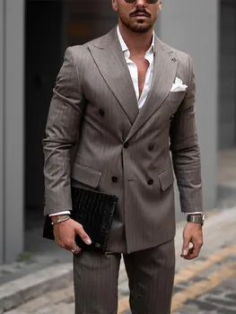 Koyu Çizgili erkek Takım Elbise Özel 2 Adet Blazer Pantolon Kruvaze İş Slim Fit Düğün Damat Özel Artı Boyutu