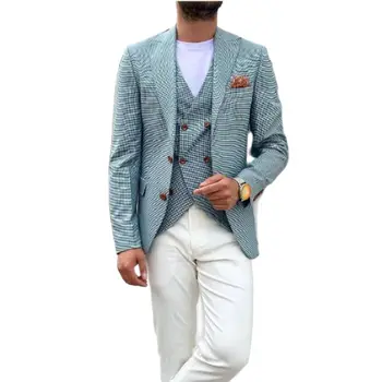 Mavi Balıksırtı Ceket Blazer Pantolon Yaz Hafif Kumaş Sosyal Takım Elbise Beyaz Pantolon 3 adet Ceket Yelek Pantolon Erkek giyim setleri