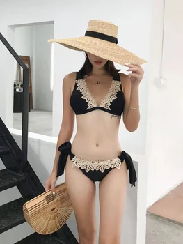 Mayo Bikini Bayanlar Kore 2023 Yeni Seksi Üç Nokta Bikini Siyah Dantel Derin V Resort Mayolar Halter Askı Plaj Mayo