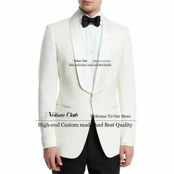Resmi Beyaz Erkek Takım Elbise Şal Yaka Bir Düğme Damat Düğün Smokin 2 Parça Setleri Erkek Balo Blazers Slim Fit Kostüm Homme