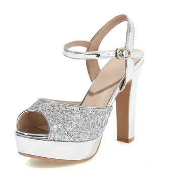 Seksi Kadınlar Payetli Yaz burnu açık Sandalet Altın Gümüş Bayan Elbise platform ayakkabılar Moda Toka Kare yüksek topuklu sandalet