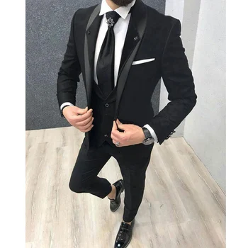 Siyah Kadife Slim fit Damat Smokin Erkekler için 3 parça Erkek Takım Elbise Şal Yaka Özel Erkek Moda Kostüm Ceket Yelek Pantolon 2023