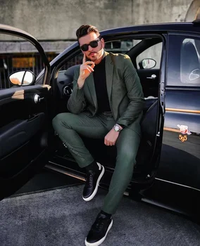 Takım elbise Kaynağı Koyu Yeşil Erkek Takım Elbise Düğün Ceket Seti Resmi Slim Fit Şık Tasarım Stili Erkekler Pamuk Giyim 2 Düğme Blazer