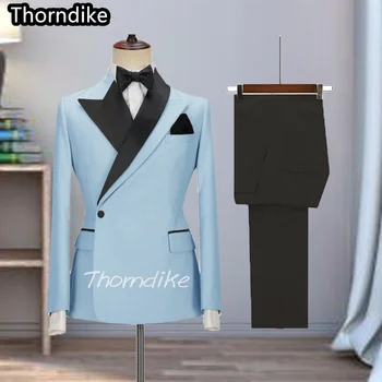 Thorndike 2022 Özel Gök Mavisi Damat Smokin Noktası Yaka Kruvaze erkek Takım Elbise Balo Düğün Parti erkek Takım Elbise Giyim