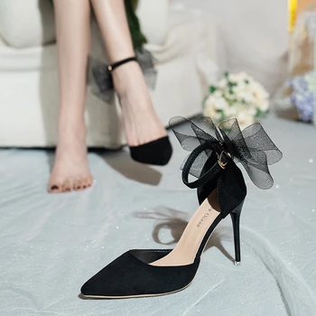 Tül Yay Topuklu Tasarımcı Stiletto Yüksek Topuklu Kadın Pompaları 2022 Düğün Ayakkabı Gelin Bayanlar Parti Balo Ayakkabı Büyük Boy 44 45