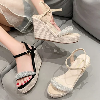 yapay elmas bant platform sandaletler kadın saman takozlar yaz ayakkabı ayak bileği kayışı süet deri gladyatör sandalias mujer yüksek topuklu