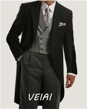 Yeni Groomsmen Siyah Tailcoat Stil Damat Smokin Tepe Saten Yaka Erkek Takım Elbise Düğün En Iyi Adam (Ceket + Pantolon + Yelek + Kravat )