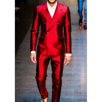 Yeni Raflar Parlak Kruvaze Erkek Takım Elbise Ceket Kırmızı Moda Damat Elbise Sahne Parti Özel Takım Elbise Kıyafet 2 Adet (Ceket + Pantolon)