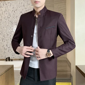 Yeni Vintage Blazer Erkekler 2023 Çin Tarzı İş Rahat Standı Yaka Erkek Blazer İnce Blazer Ceket
