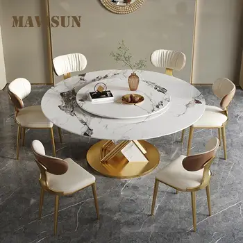 Yuvarlak Masa 360 ° Dönen Pürüzsüz Pikap Tasarımcı Paslanmaz Çelik Çerçeve Yemek Mobilyaları Kaya Döşeme Mutfak Masa Ve Sandalye